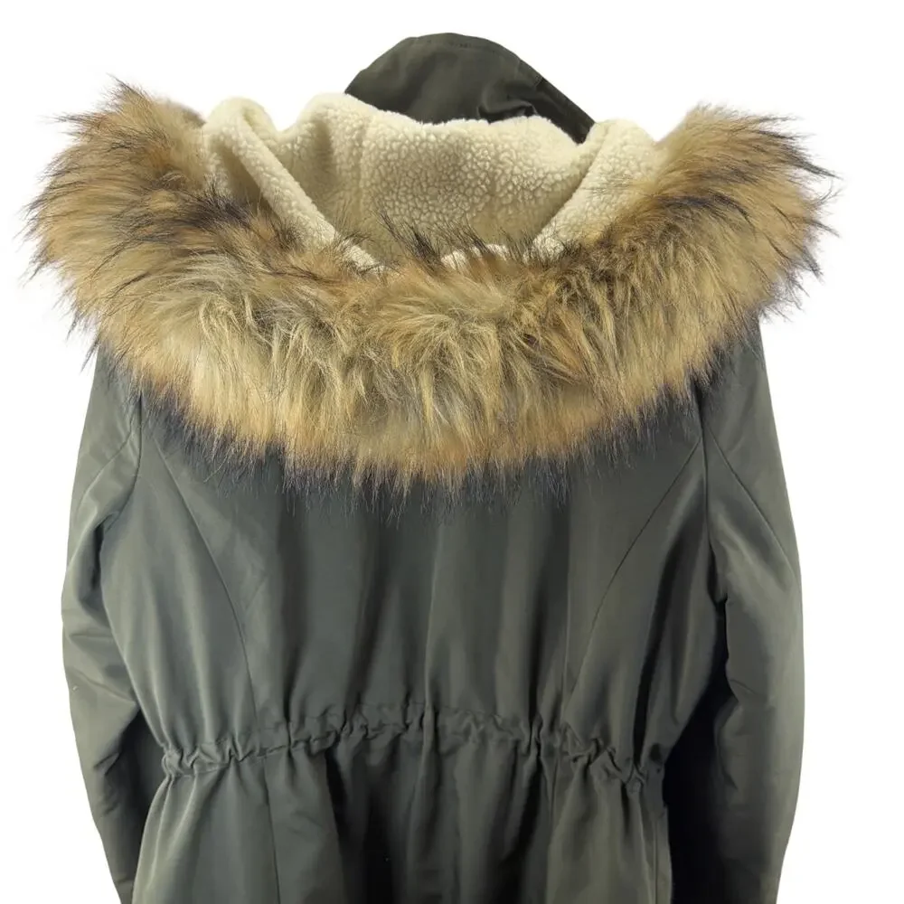 Bella Swan Faux Fur Hood Quilted Parka Coat Green Zip Jacket Womens S Nine West